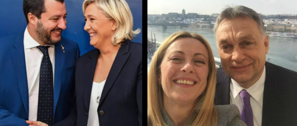 Meloni da Orbán e Salvini da Le Pen: torna l’Italia del dio, patria e famiglia